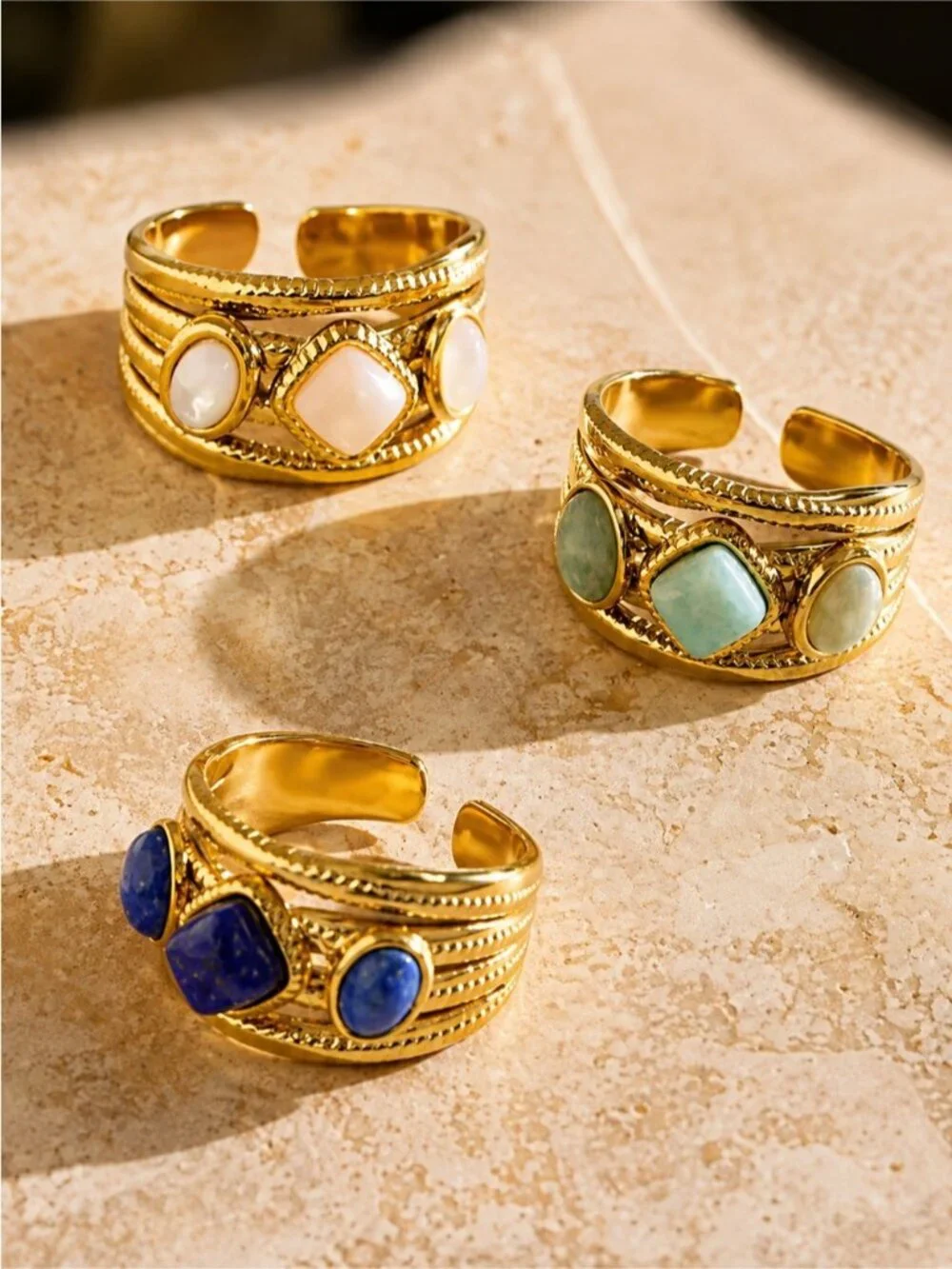 Vintage Gold tone Ring with White Mother-of-Pearl Cabochons